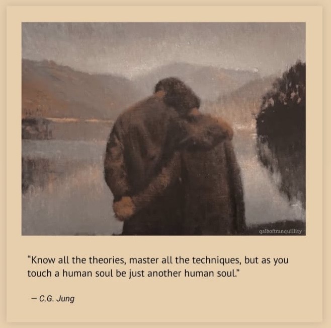 Painting of two figures embracing by a misty lake — quiet, human presence.